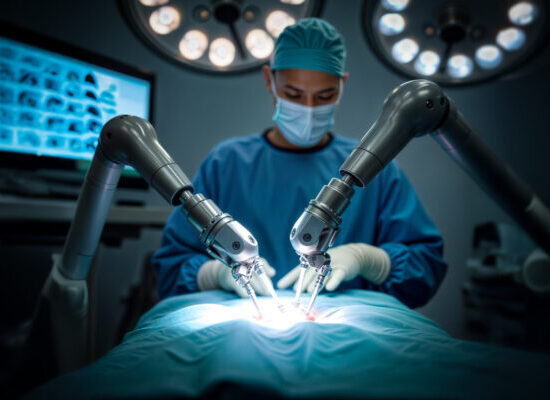 Anadvanced surgical robot concept, performing an operation, guided by a doctor in a modern operating room. Innovative medical technology showcasing the future of surgery.