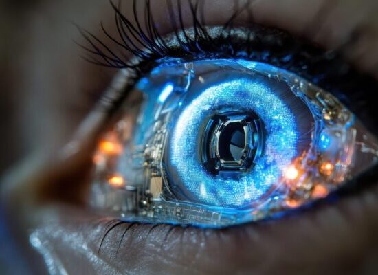 hyperrealistic macro photography of a bionic eye implant with intricate circuitry reflective iris mechanisms and fiber optic neural connections glowing with subtle blue light